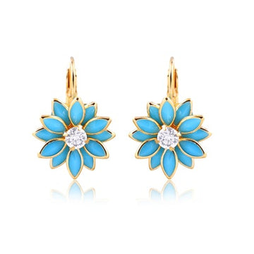 18K Gold Layered Oro Laminado Blue or Multi-Color Flower Design Leverback Earrings 21.0011/6/30 (More Colors)
